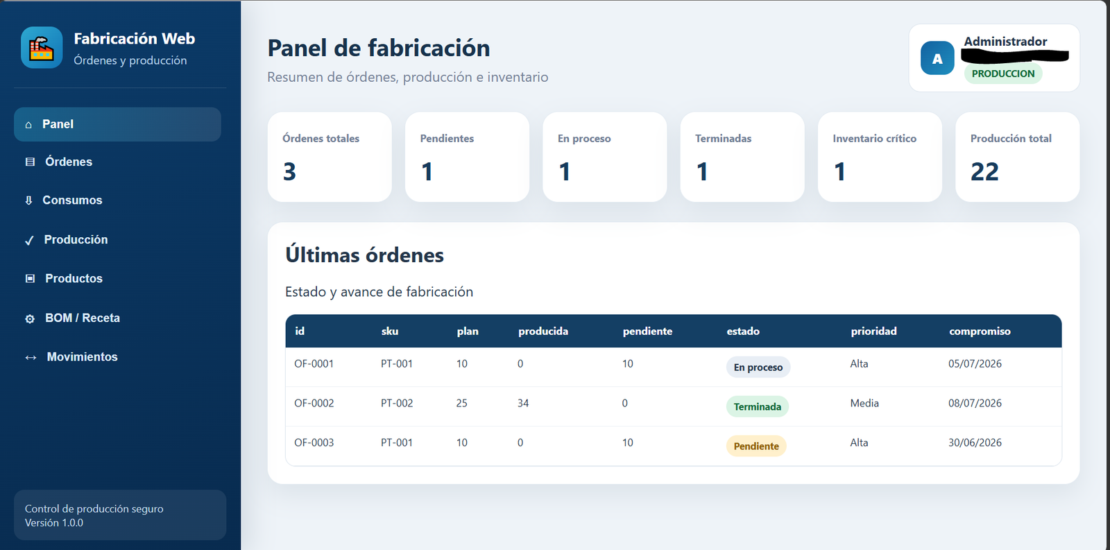 Vista previa de la Web App Órdenes de fabricación